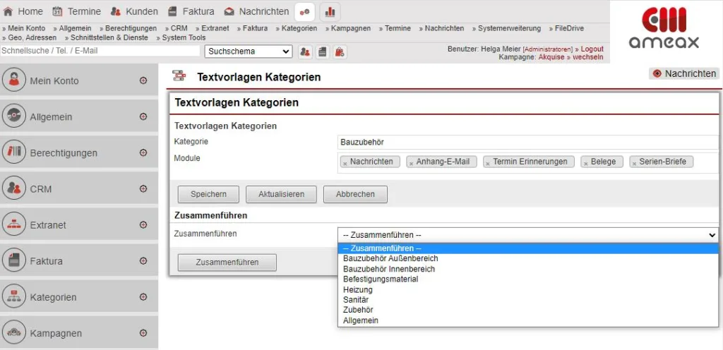 Screenshot Textvorlagen Kategorien zusammenführen