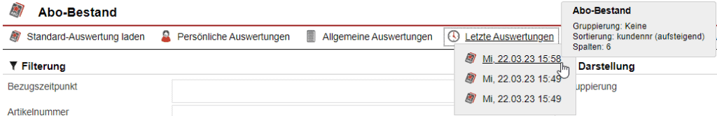 Screenshot Tooltippbox zu „Letzte Auswertungen“