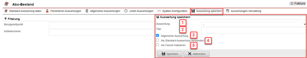 Screenshot geöffnetes Menü zum Speichern der konfigurierten Auswertung