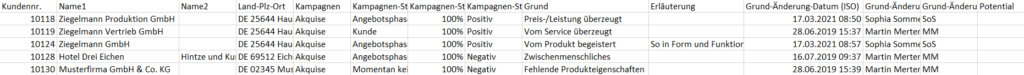 Screenshot einer beispielhaften Statistikausgabe als CSV-Tabelle