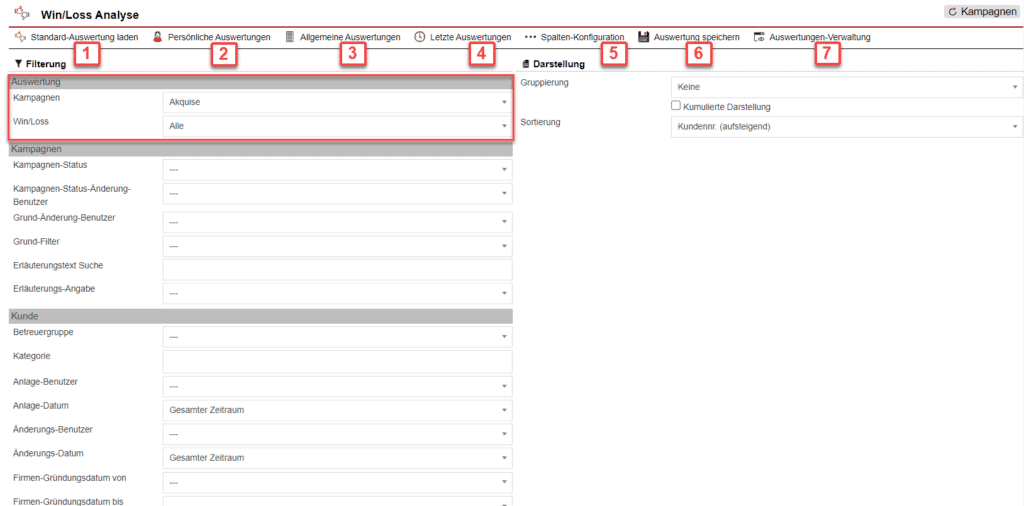 Screenshot mit der Übersicht über die Konfiguration der Statistik „Win/Loss Analyse“