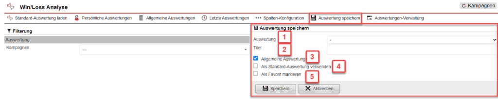 Screenshot geöffnetes Menü zum Speichern der konfigurierten Auswertung