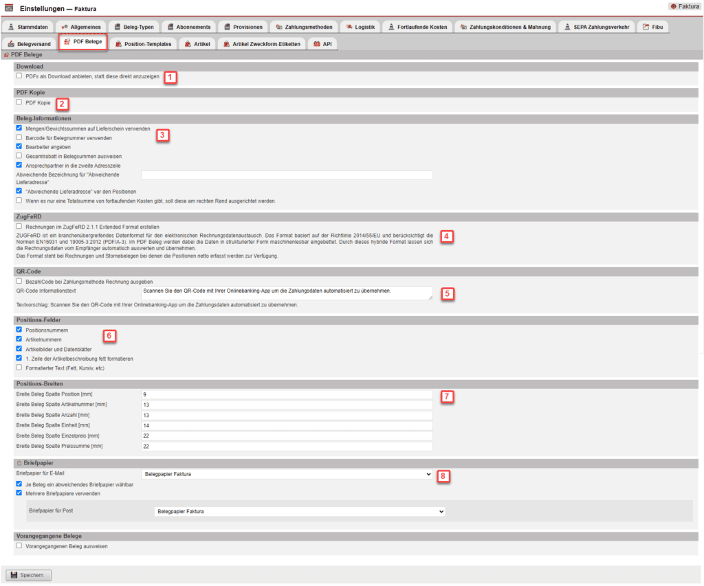 Einstellungsmaske des Bereichs „PDF Belege“