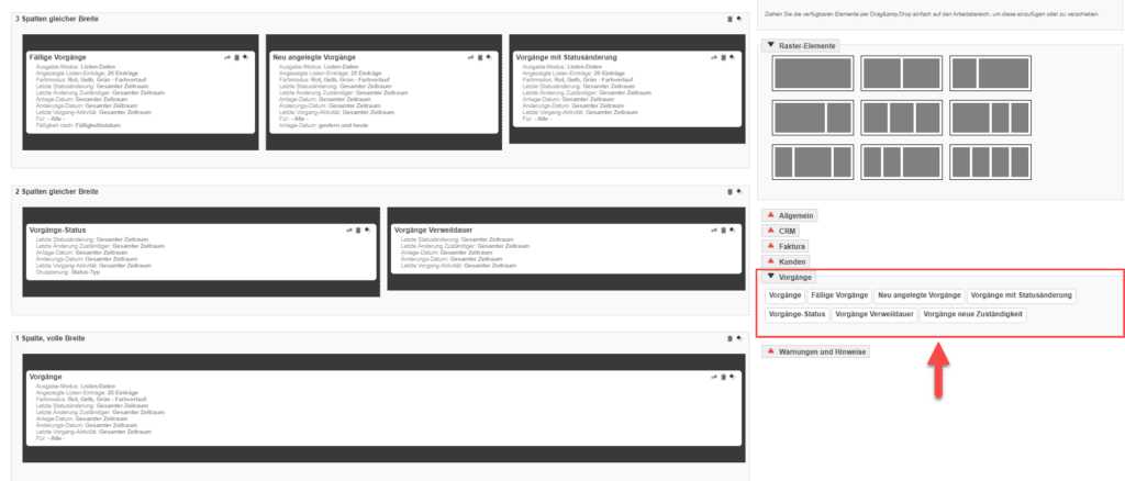 Screenshot geöffneter Bearbeitungsbereich des Dashboards mit Containern aus dem Bereich „Vorgänge“