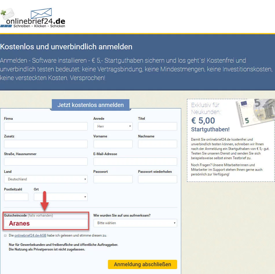 Screenshot Registrierungsformular von onlinebrief24.de mit Markierung des Gutscheinfelds und dem darin befindlichen Eintrag "ARANES"
