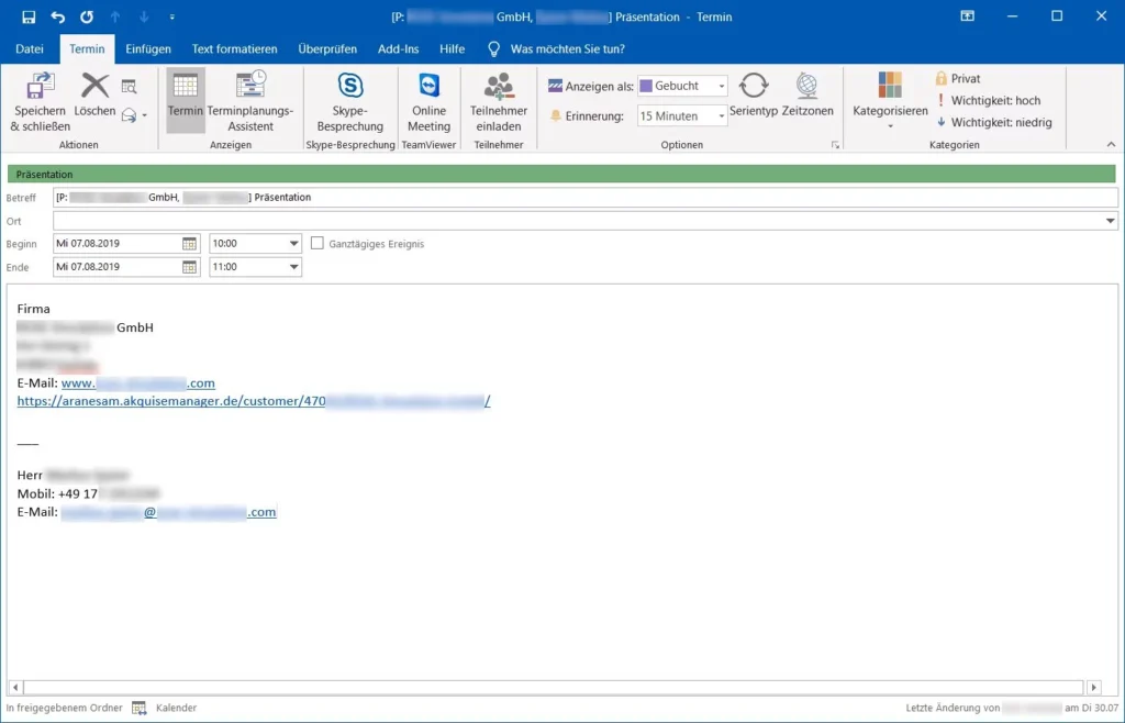 Screenshot der Detailansicht eines Termins, der vom AkquiseManager ins Outlook übertragen wurde