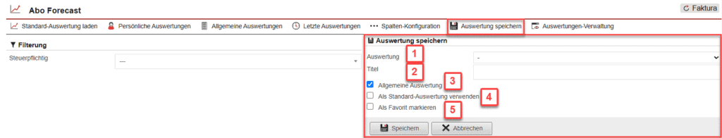 Screenshot geöffnetes Menü zum Speichern der konfigurierten Auswertung