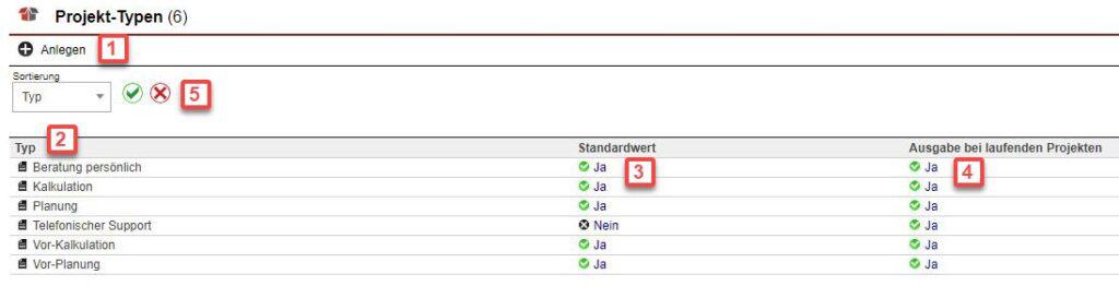 Screenshot Übersichtsmaske „Projekt-Typen“