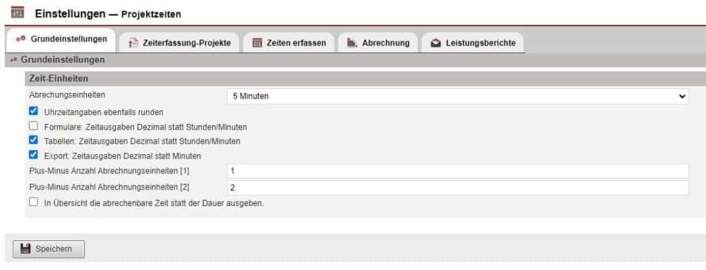 Screenshot Einstellungsmaske „Einstellungen-Projektzeiten mit dem Reiter „Grundeinstellungen“