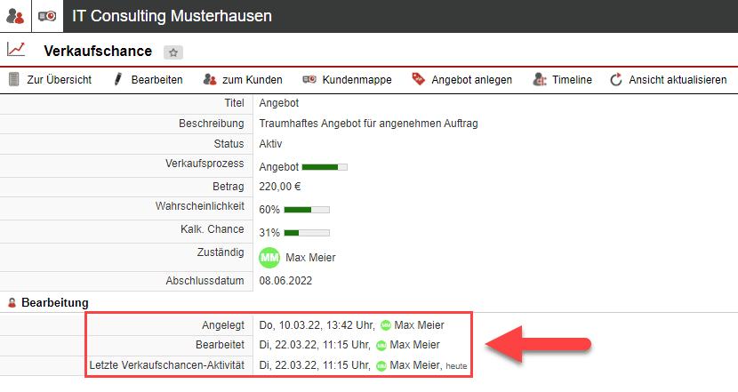 Screenshot einer Verkaufschance mit Markierung des Bereichs „Bearbeitung“