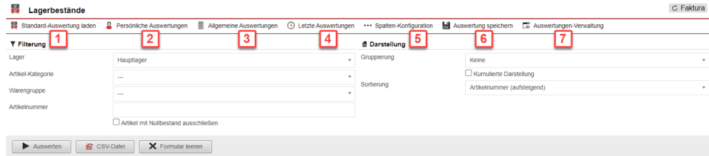 Screenshot mit der Übersicht über die Konfiguration der Statistik „Lagerbestände“