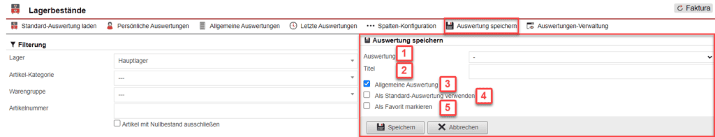 Screenshot geöffnetes Menü zum Speichern der konfigurierten Auswertung