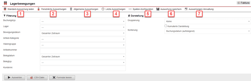 Screenshot mit der Übersicht über die Konfiguration der Statistik „Lagerbewegungen“