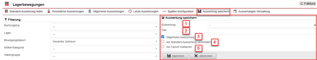 Screenshot geöffnetes Menü zum Speichern der konfigurierten Auswertung