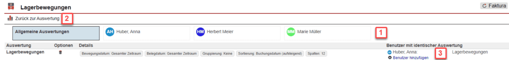 Screenshot über gespeicherte Auswertungen im Statistikbereich „Lagerbewegungen“