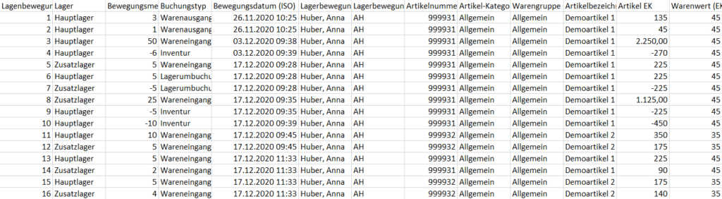 Screenshot CSV-Tabelle