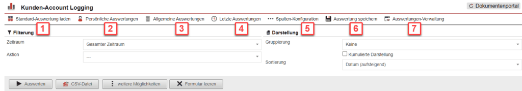 Screenshot mit der Übersicht über die Konfiguration der Statistik „Kunden-Account-Logging“