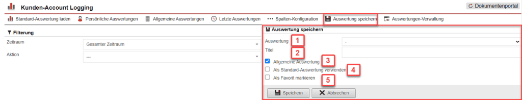 Screenshot geöffnetes Menü zum Speichern der konfigurierten Auswertung