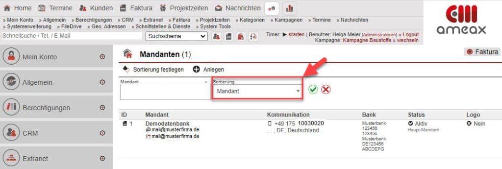 Screenshot „Mandanten sortieren“