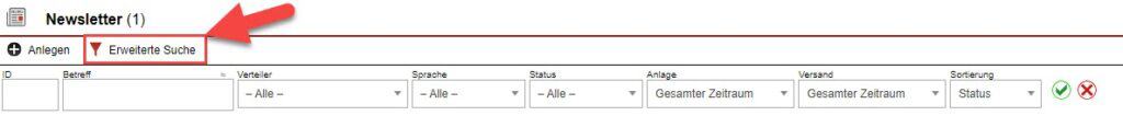 Screenshot Übersichtsmaske mit markiertem Punkt „Erweiterte Suche“