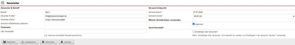 Screenshot Bearbeitungsmaske eines Newsletters