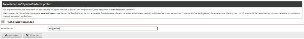 Screenshot Hinweisfenster „Test-E-Mail versenden“