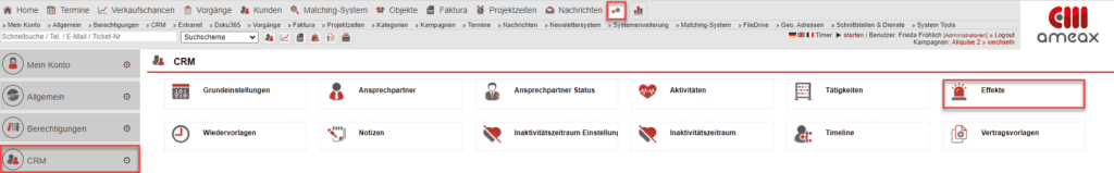 Screenshot Einstellungsmenü CRM mit markiertem Unterpunkt „Effekte“