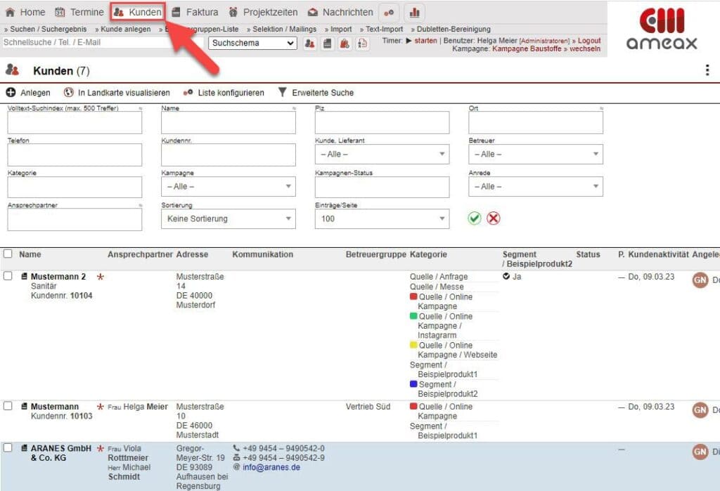 Screenshot Übersicht „Kundenliste“