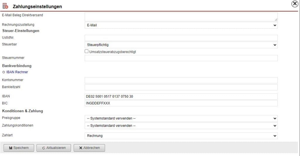 Screenshot Anlegemaske „Zahlungseinstellungen“
