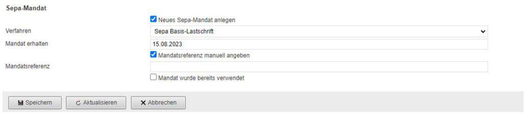 Screenshot Anlegemaske „Zahlungseinstellungen“ Bereich „Sepa-Mandat“