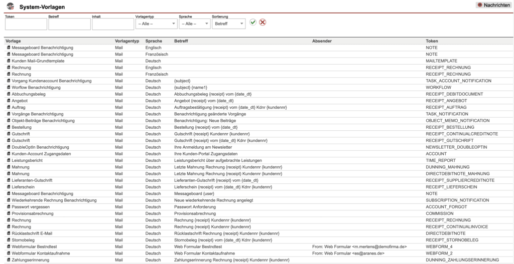 Screenshot System-Vorlagen Oberfläche