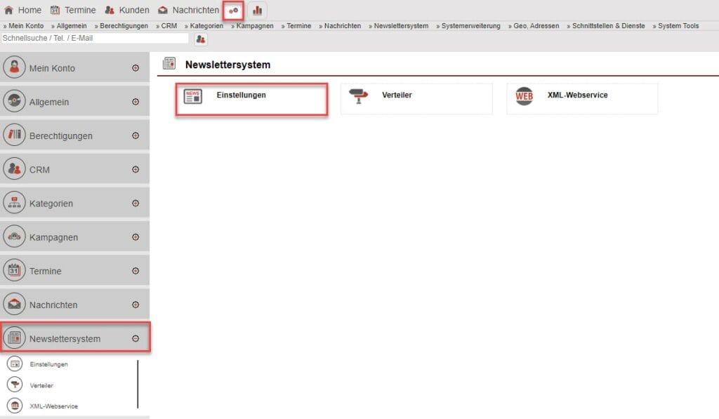 Screenshot Einstellungsmenü Newslettersystem