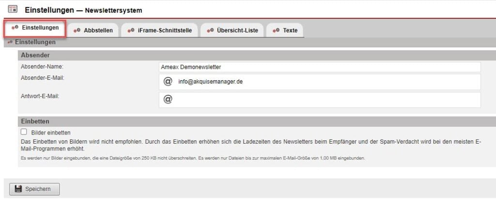 Screenshot Reiter „Einstellungen“