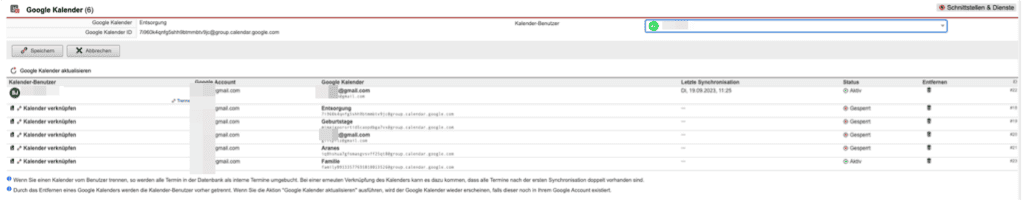 Screenshot Verknüpfen eines Kalenders mit einem Benutzer im AkquiseManager