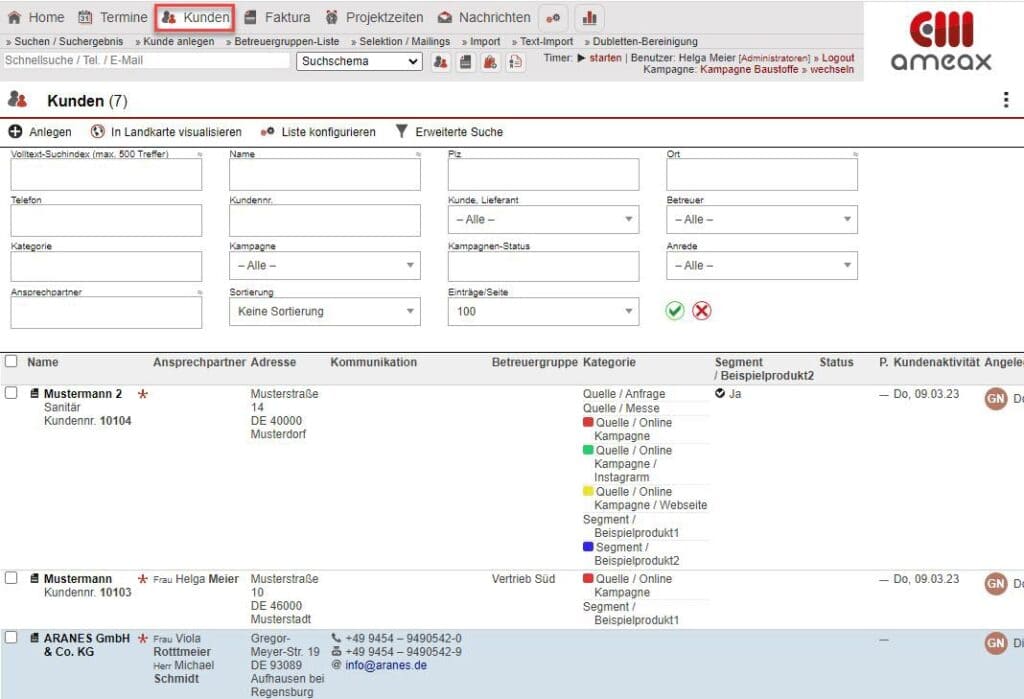 Screenshot Übersicht „Kundenliste“