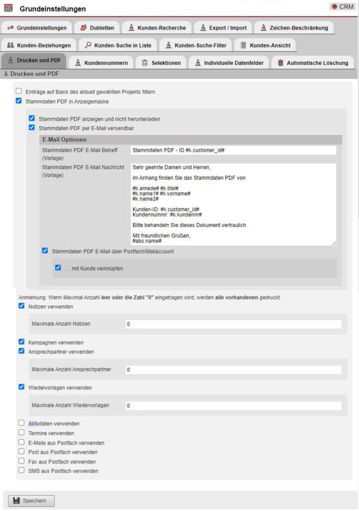 Screenshot Stammdaten aktivieren - Grundeinstellungen „Drucken und PDF“