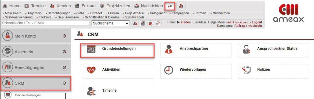 Screenshot „Menü CRM“