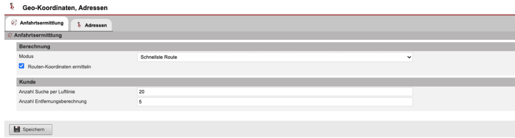 Screenshot Einstellungsbereich Anfahrtsermittlung