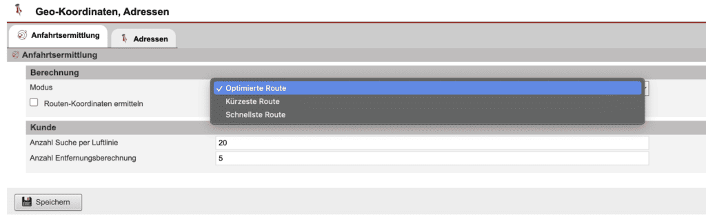 Screenshot Einstellungsbereich Anfahrtsermittlung mit den möglichen Modi