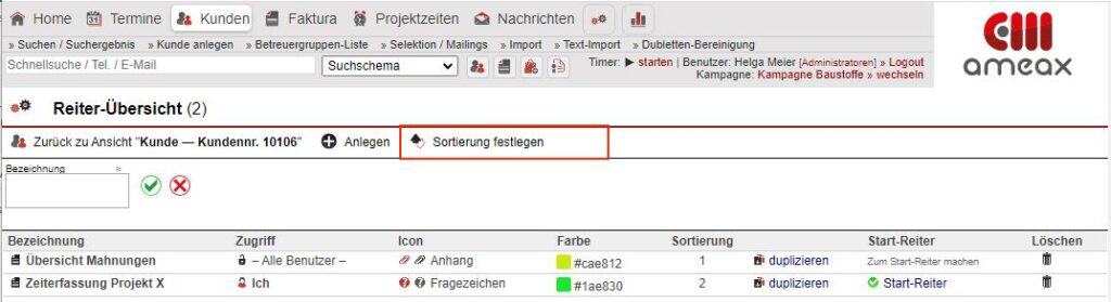 Screenshot „Reiter-Übersicht“ – Sortierung festlegen