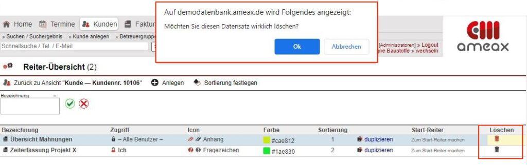 Screenshot „Reiter-Übersicht“ Reiter löschen