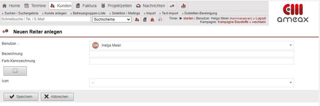 Screenshot Anlegemaske „Neuen Reiter anlegen“