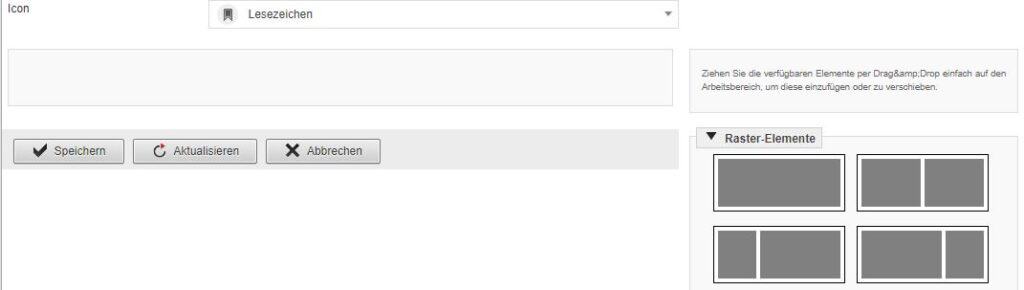 Screenshot Bearbeitungsmaske „Reiter bearbeiten“ – Raster- und Inhaltselemente hinzufügen