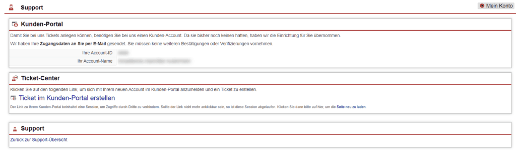 Screenshot Hinweisbereich bzgl. der notwendigen Anlage eines Kunden-Accounts um ein Ticket erstellen zu können