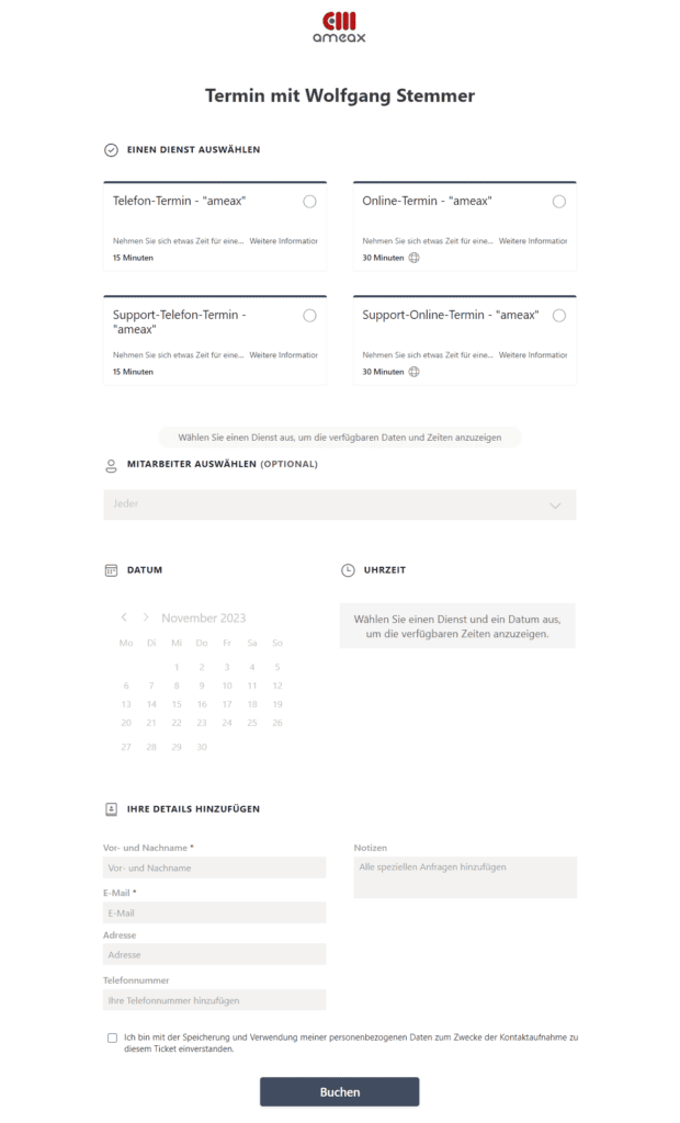 Screenshot der Buchungsmaske eines Termins
