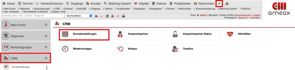 Screenshot „Menü CRM“.