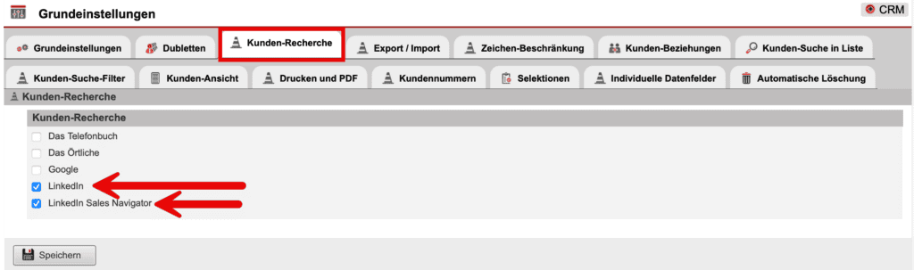 Screenshot Grundeinstellungen „Kunden-Recherchen“.