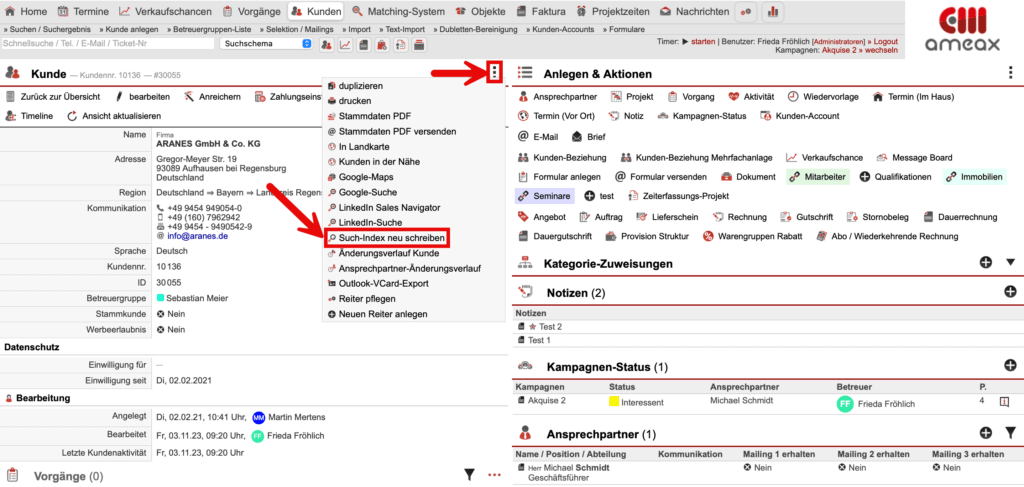 Stammdatenansicht mit markierter Funktion „Suchindex neu schreiben“