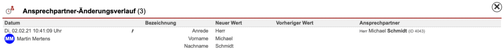 Screenshot Anzeigemaske „Ansprechpartner-Änderungsverlauf“