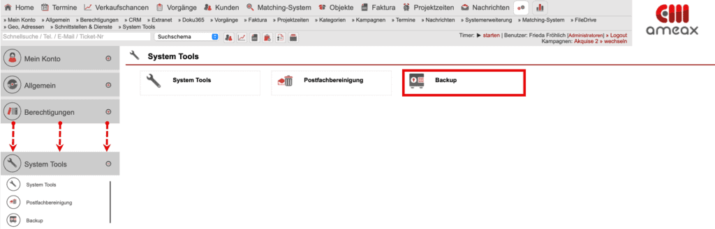 Screenshot Einstellungsmenü „System Tools“ mit markiertem Icon für den Anwendungsbereich „Backup“.